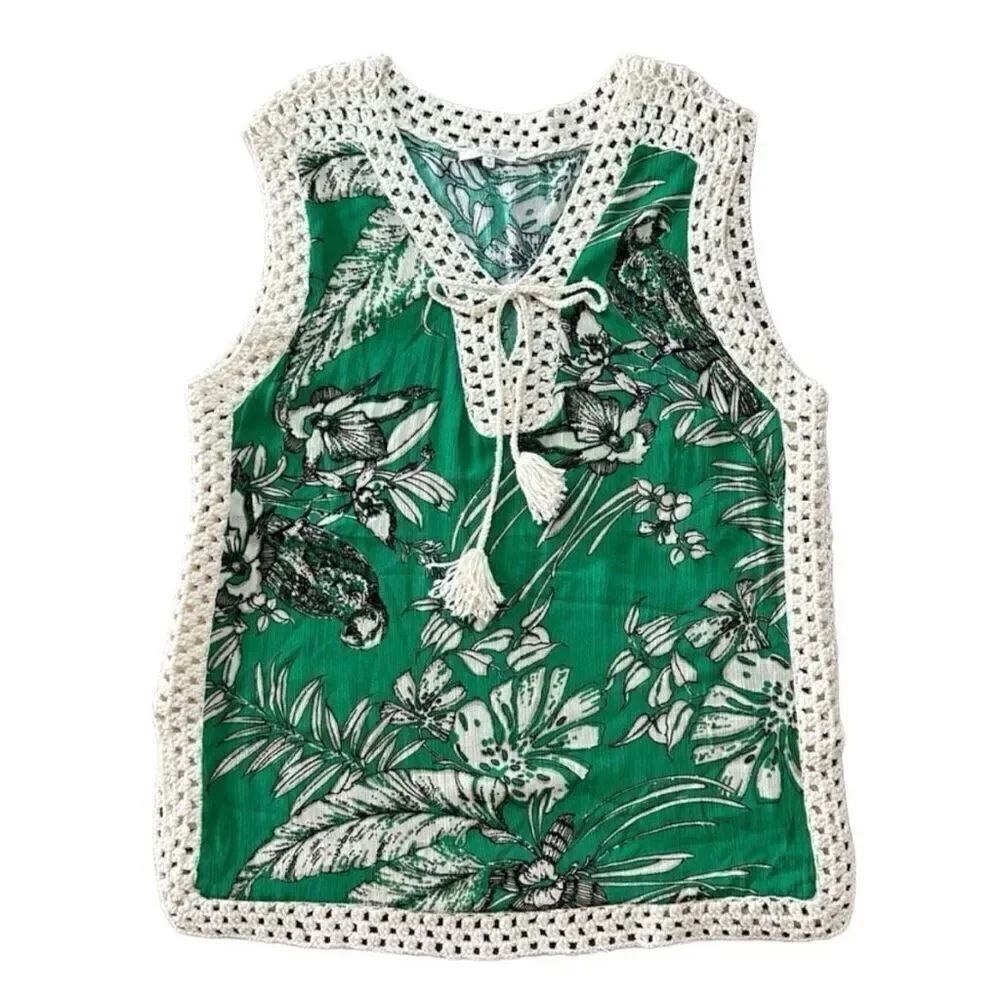 Womens Miss Me Boho Green Floral Print Tassel Sleeveless Top Tunic - Sz S